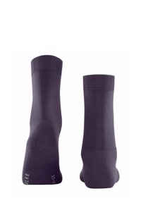 Calze di cotone viola con polsini a costine, design senza cuciture, superficie liscia e indicatori sul fondo per le informazioni sulle taglie.
