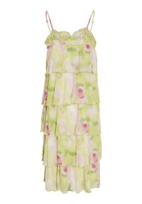 Zelena obleka v plasteh z nabrano naramnico, ki vsebuje cvetlični vzorec v rožnati in beli barvi. Narejena iz lahkega, teksturiranega blaga.