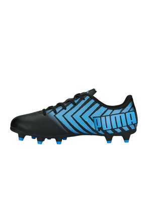 Schwarzer Fußballschuh mit blauen Akzenten und Zickzackmuster. Besteht aus synthetischem Material, Schnürverschluss und markantem Markenlogo an der Seite.