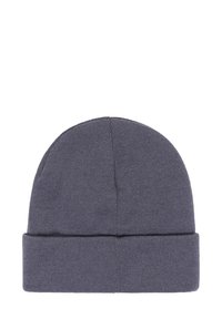Grijze beanie gemaakt van gebreide stof, met een omgerolde rand voor extra textuur en warmte. Eenvoudige en veelzijdige vorm.