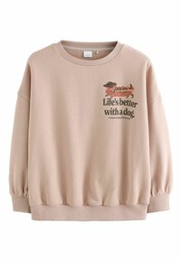 Pink sweatshirt with a ribbed crew neck and elasticated cuffs. Front features a graphic of a dachshund and text: "Life's better with a dog."
