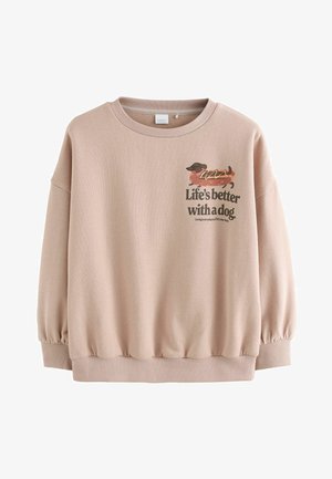 Růžová mikina se žebrovaným kulatým výstřihem a elastickými manžetami. Na přední straně je grafika jezevčíka a text: "Život je lepší se psem."