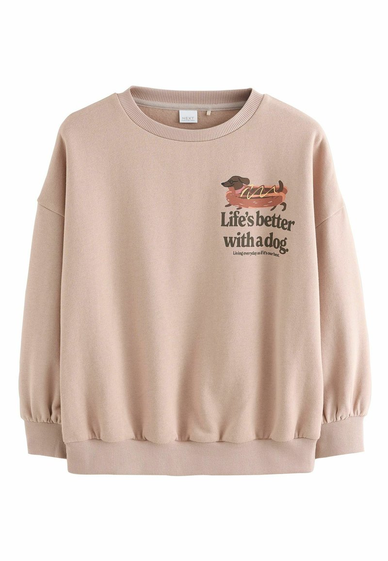 Pink sweatshirt with a ribbed crew neck and elasticated cuffs. Front features a graphic of a dachshund and text: "Life's better with a dog."