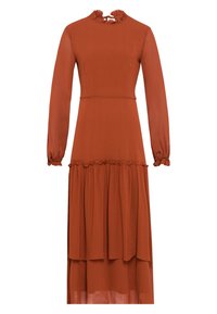 Ruskinkinen pitkähiha dressi, jossa on ryppyinen kaula-aukko, muotoonommeltu yläosa ja kerroksittain laskeutuva hame. Valmistettu kevyestä kankaasta.