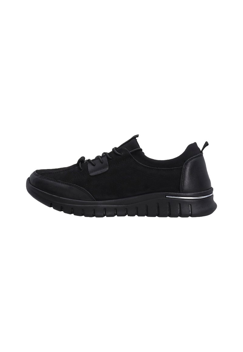 Sort sneakers med overdel i ruskind og glatte læderdetaljer, der har en gummisål med riller og et snøringssystem for et sikkert fit.