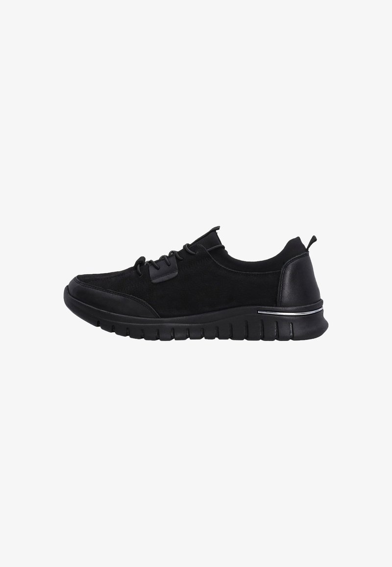 Black sneaker with a suede upper and smooth leather accents, featuring a rubber sole with ridges and lacing system for secure fit.