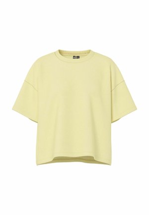 Tricou din bumbac galben deschis, cu mâneci scurte, croială oversized, guler rotund, umeri căzuți și tiv drept.