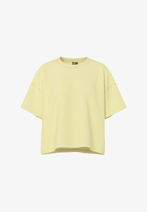 Tricou din bumbac galben deschis, cu mâneci scurte, croială oversized, guler rotund, umeri căzuți și tiv drept.