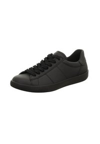 Sneakers in pelle nera con punta rotonda, suola in gomma testurizzata e chiusura con lacci. Finitura liscia con accenti cuciti lungo i lati.