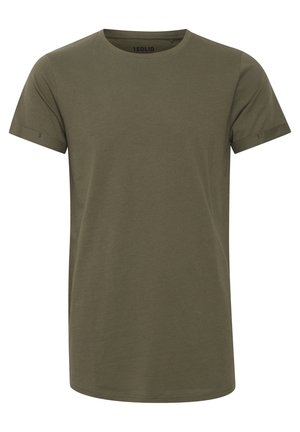 Olíva zöld, rövid ujjú póló, puha pamutból készült. Kerek nyakkivágással és egyenes szegéllyel rendelkezik, minimalista design elemekkel.