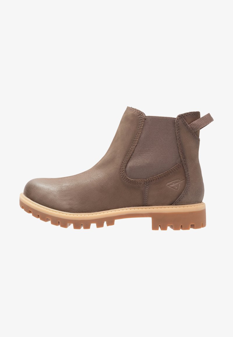 Braune Leder-Stiefelette mit elastischen Seiteneinsätzen, runder Zehenpartie und strukturiertem Gummisohle. Hinterer Zuglasche für ein einfaches Anziehen.