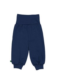 Navyblauwe katoenen fleecebroek met een brede geribbelde tailleband en elastische boorden. Voorzien van een klein groen logotag aan de linkerkant.