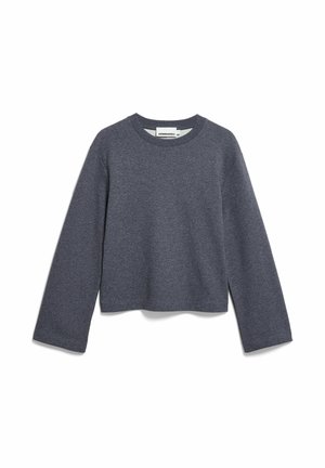 Sweat-shirt à manches longues gris foncé avec col rond, en tissu doux. Présente une coupe décontractée et des fentes latérales à l'ourlet pour faciliter les mouvements.
