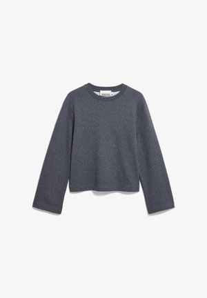 Sweat-shirt à manches longues gris foncé avec col rond, en tissu doux. Présente une coupe décontractée et des fentes latérales à l'ourlet pour faciliter les mouvements.