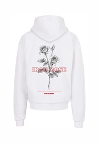 Bílá mikina s kapucí, na zadní straně s ilustrací černé a šedé růže, s nápisem "IRON ROSE" v tučném červeném písmu a dalším textem pod ním.