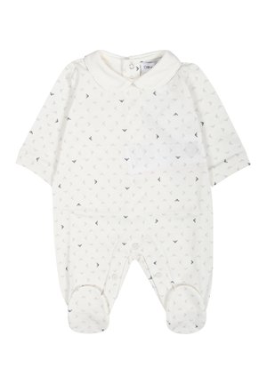 Romper bianco per neonato realizzato in morbido cotone, con colletto, maniche corte e un delicato motivo di piccoli triangoli grigi. Include chiusure a scatto.