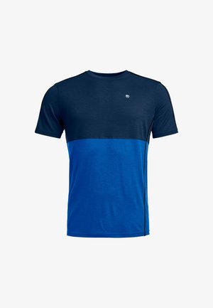 Blue athletic t-shirt featuring a dark navy top section and vibrant blue lower section, made of soft fabric, with short sleeves and a round neck.