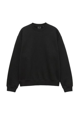 Eenvoudige zwarte sweater met ronde hals, lange mouwen en geribbelde boorden en zoom.