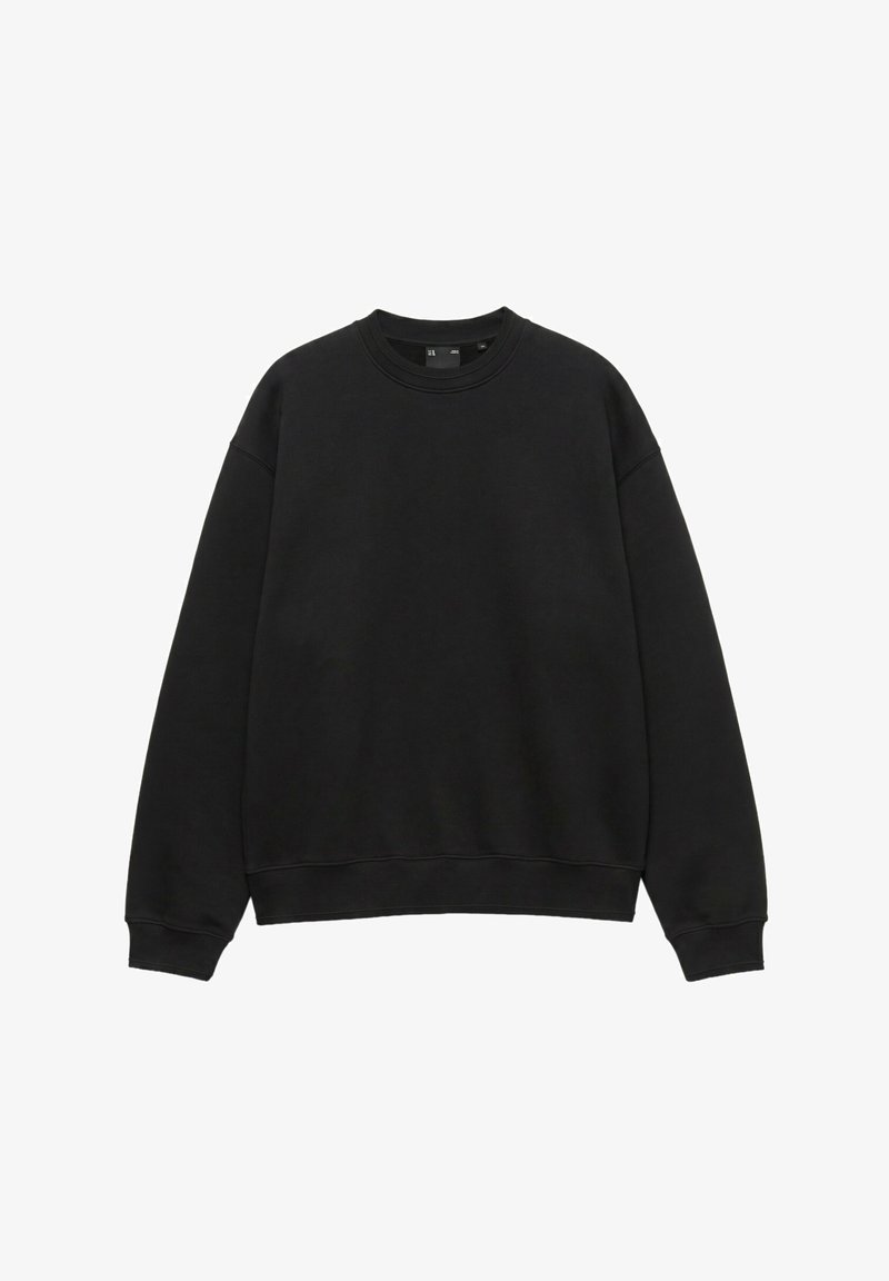 Sweat-shirt noir uni à col rond avec manches longues et poignets et bas côtelés.
