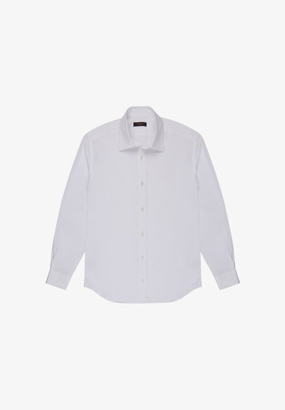 Witte lange mouwen overhemd van gladde stof. Heeft een puntkraag, een knoopsluiting met zeven knopen en mouwen met manchetten.