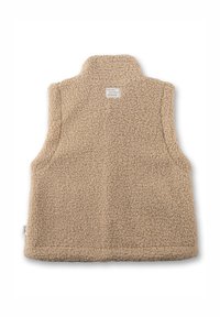 Beige Fleeceweste mit hohem Kragen, strukturiertem Stoff und einem kleinen Etikett auf dem oberen Rücken. Ärmelos, entworfen für Wärme und das Tragen in Lagen.