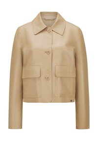 Beige Lederjacke mit einem Kragen, drei Knöpfen und zwei aufgesetzten Taschen vorne. Das Design verf�ügt über lange Ärmel und eine verkürzte Länge.