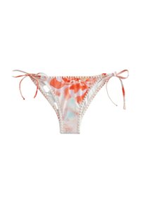 Baddräktstrosa med blommönster i nyanser av orange och mint. Har snoddar på sidorna och texturerad kantdetalj.