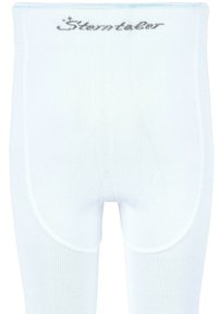 White knitted tights with a ribbed texture, featuring a small silver embroidered logo on the waistband at the back.