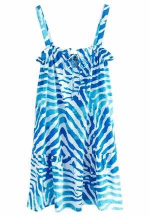 Blauwe en witte jurk met zebraprint, voorzien van verstelbare bandjes, een ruches halslijn en een gelaagd zoom. Gemaakt van lichte stof.