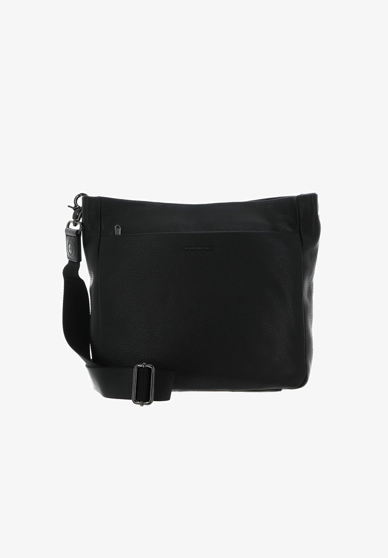 Borsa a tracolla in pelle nera con finitura testurizzata, tracolla regolabile e tasca anteriore con zip. Caratterizzata da un design rettangolare elegante.