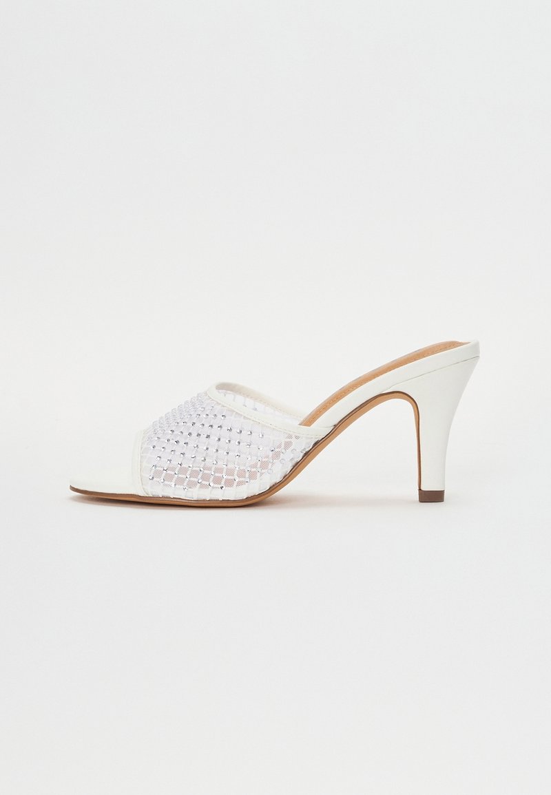 Mules à talons blancs avec orteils ouverts, dotées d'un design en maille tissée et de petits accents argentés. Finition lisse, talon élancé et forme arrondie.