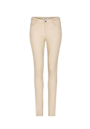 Jeans skinny beiges en mélange de coton, avec une texture lisse, cinq poches et une fermeture à boutons à l'avant avec passants de ceinture.