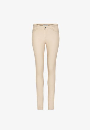 Beige skinny jeans made of cotton blend, featuring a smooth texture, five pockets, and a button-front closure with belt loops.