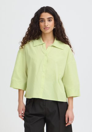 Hosszú göndör hajú nő világoszöld, gombos, széles galléros ingben és fekete nadrágban áll egyszínű háttér előtt.