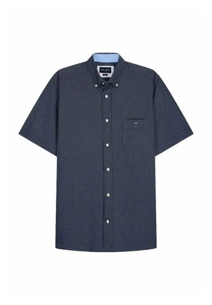 Chemise courte à manches courtes bleu marine à boutons, avec un petit motif à carreaux blancs et une poche poitrine unique.