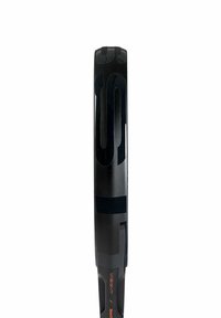 Black tennis racket with a sleek, aerodynamic design; features a matte finish and engraved branding near the handle.
