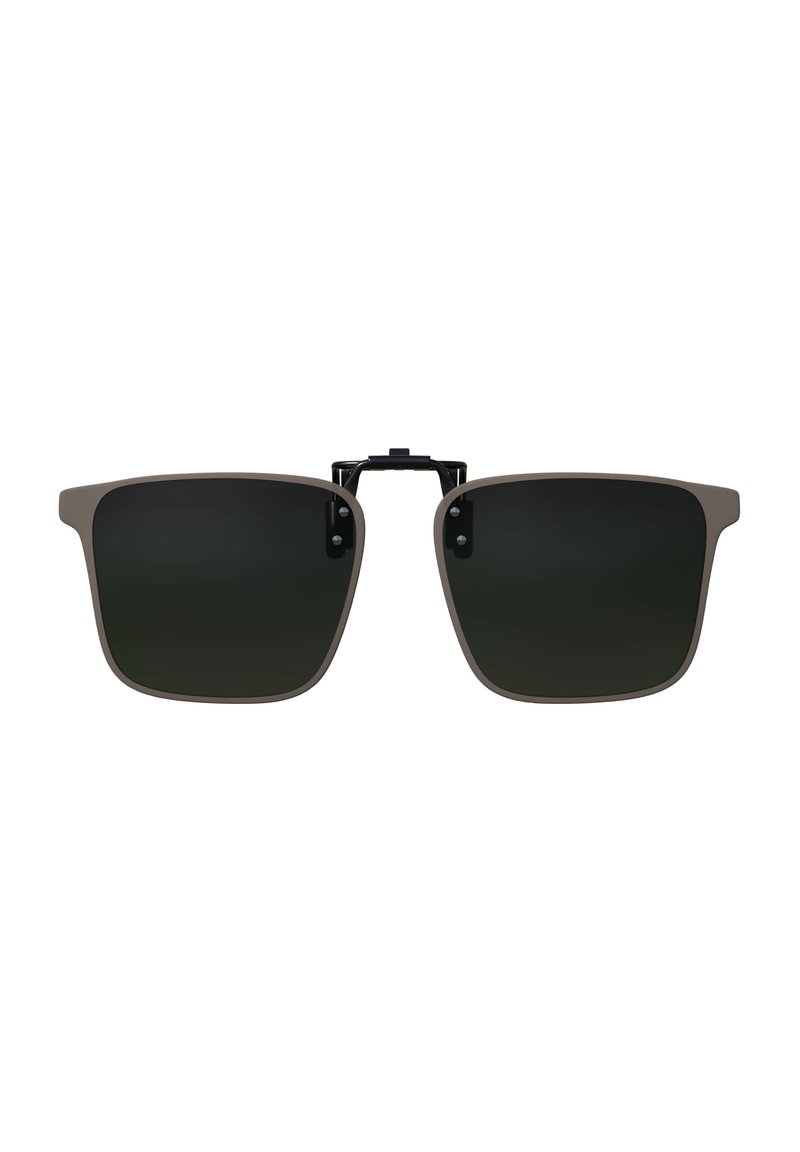 Square sunglasses with dark lenses. Frames are a muted brown color with a smooth texture and a bridge connecting the lenses, featuring small black accents.