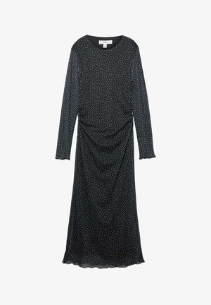Robe midi noire à manches longues avec des pois blancs, encolure ronde, côtés froncés et ourlets légèrement volantés.