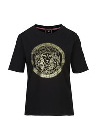 Zwarte katoenen t-shirt met een gouden leeuwafbeelding binnen een circulair embleem. Korte mouwen en een ronde halslijn. Zachte textuur.