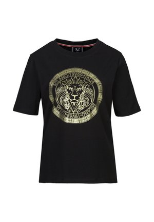 Schwarzes Baumwoll-T-Shirt mit einem goldenen Löwen-Graphic in einem kreisförmigen Emblem. Kurze Ärmel und runder Halsausschnitt. Glatte Textur.