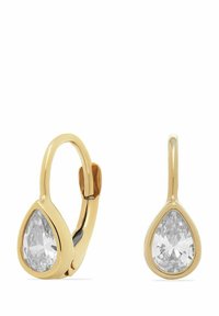 Orecchini a cerchio in tono dorato con una cristallo chiaro a goccia in montatura a bezel, con una finitura liscia e superficie lucida.
