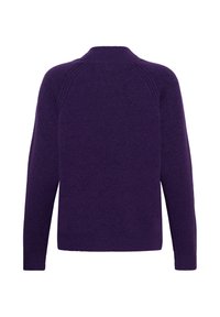 Pull violet foncé à manches longues avec encolure ronde côtelée et ourlets, montré de dos sur fond blanc.