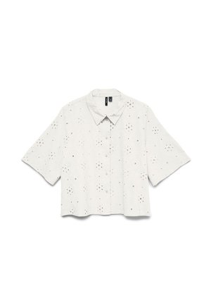 Camicia bianca a maniche corte con bottoni, colletto e un delicato motivo floreale traforato su tutto il tessuto.