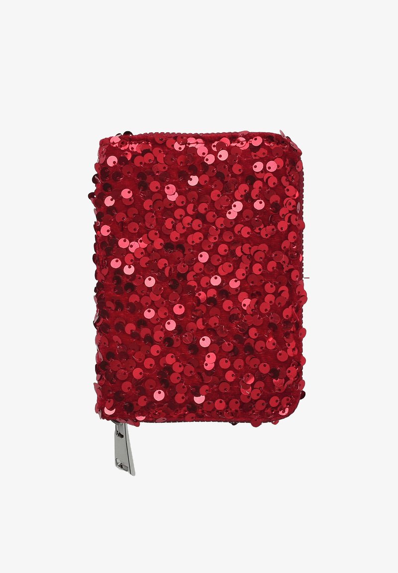 Portafoglio rosso con paillettes a forma rettangolare, dotato di chiusura con zip, base in tessuto liscio e paillettes tonde fitte.