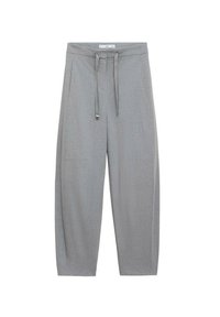 Grijze, wijde broek met een textuurstof, trekkoord in de taille en twee voorzakken; op maat gemaakte ontwerp met een minimalistische stijl.