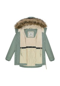 Zielona kurtka ocieplana z kapturem wykończonym sztucznym futrem, kremową podszewką i regulowanym paskiem w talii. Posiada wiele kieszeni do przechowywania.