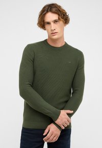 Khaki zielony sweter dzianinowy z okrągłym dekoltem i prążkowanymi mankietami. Posiada subtelne logo na piersi, ukazujące teksturowany materiał.