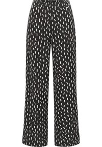 Schwarze, weit geschnittene Hosen mit einem Muster aus unregelmäßigen weißen Formen. Hergestellt aus einem glatten Stoff mit einem bequemen Bund.