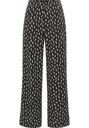 Črne široke hlače z nepravilnim belim vzorcem. Narejene so iz gladkega materiala z udobnim pasom.