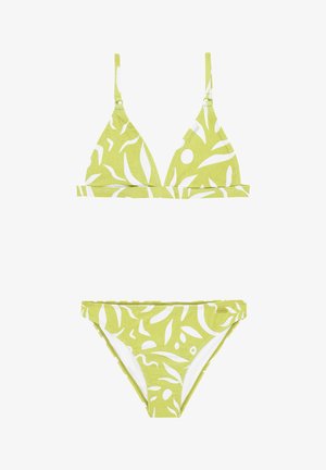 Conjunto de bikini verde que incluye un top triangular con tirantes ajustables y una parte inferior. Ambas piezas presentan un patrón de hojas blancas sobre una tela texturizada.